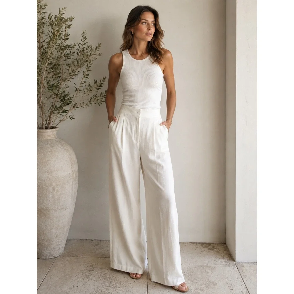 H&M Linen Blend Wide Leg Trousers Women 6 White Excellent High Rise Pleated